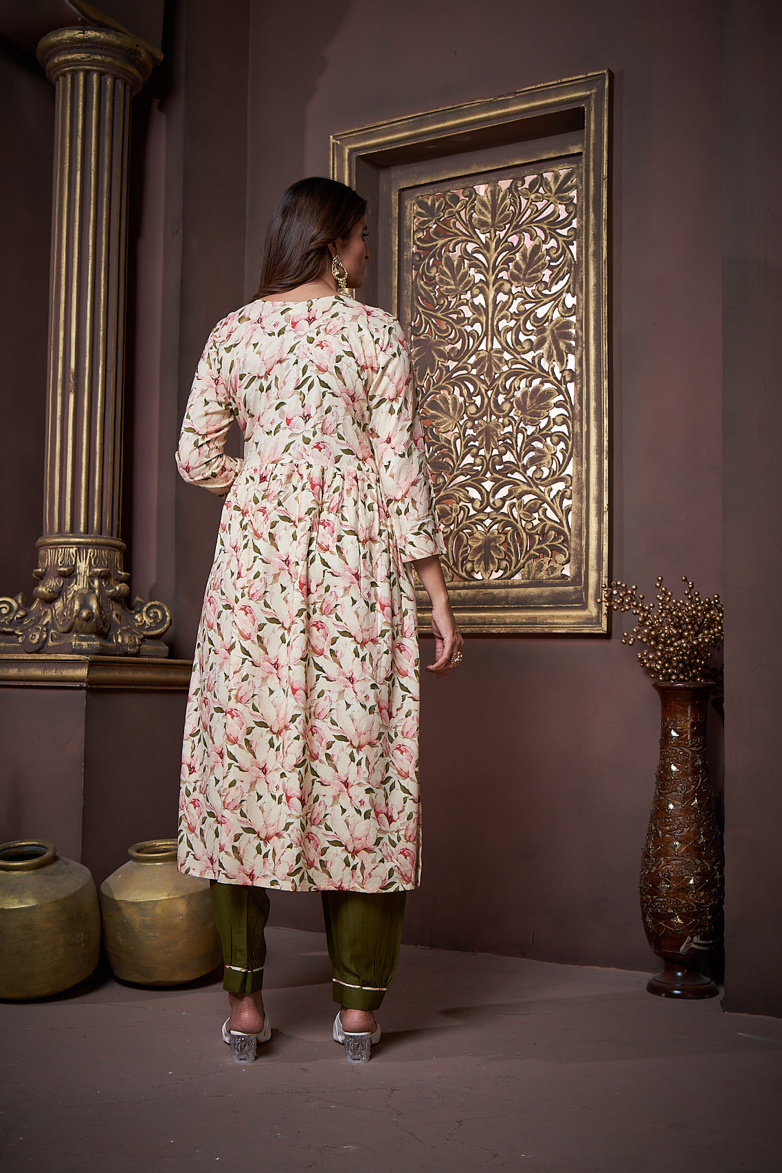 beige & green floral printed rayon alia cut salwar suit