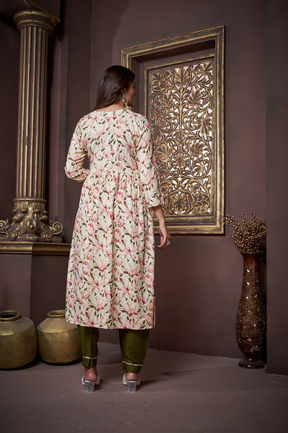 Beige & Green Floral Printed Rayon Alia Cut Salwar Suit