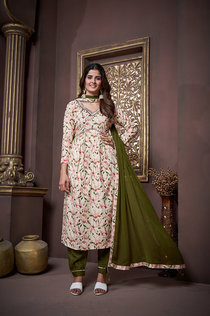 Beige & Green Floral Printed Rayon Alia Cut Salwar Suit