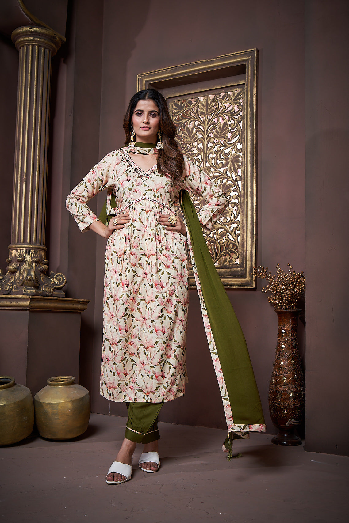 beige & green floral printed rayon alia cut salwar suit