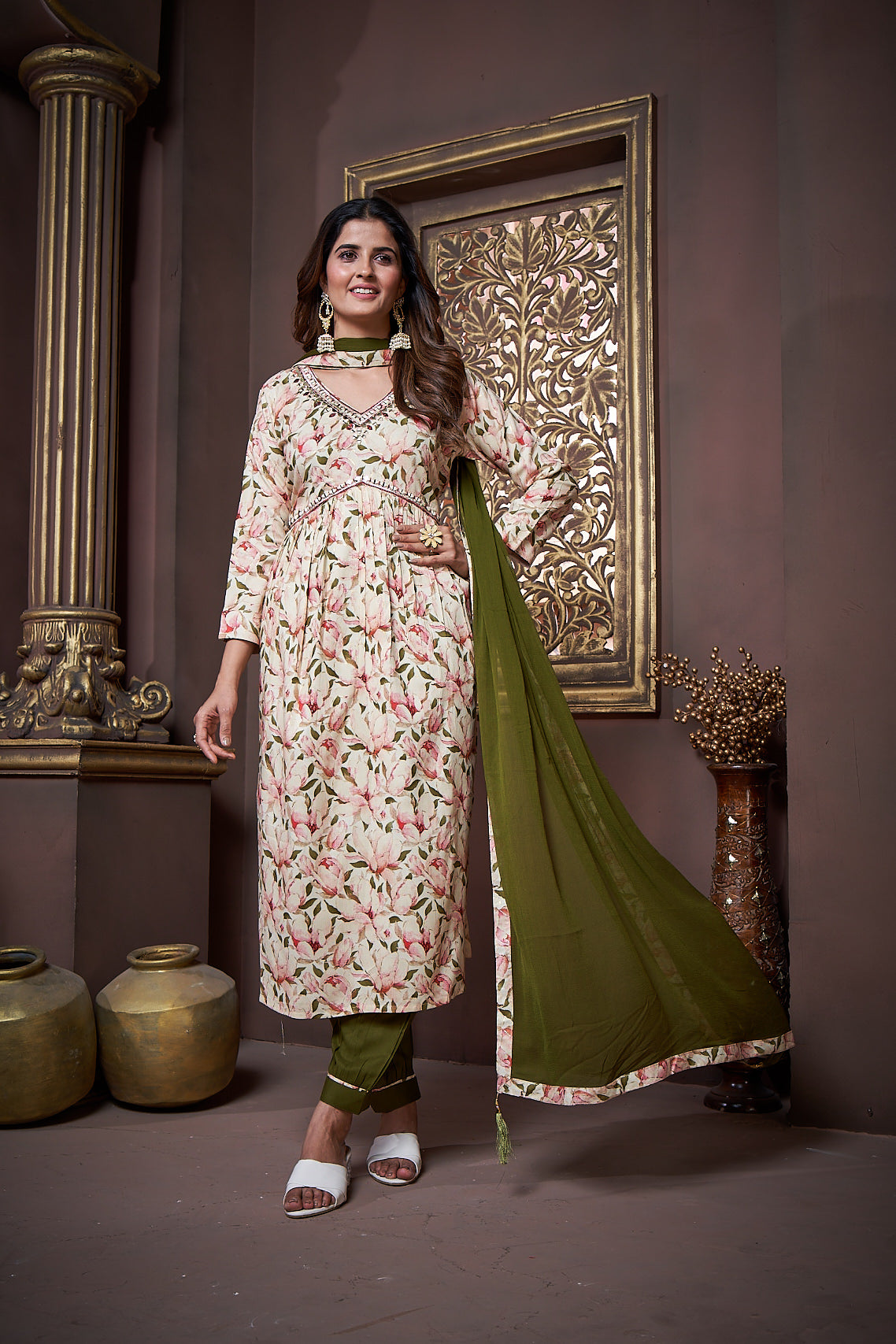 beige & green floral printed rayon alia cut salwar suit
