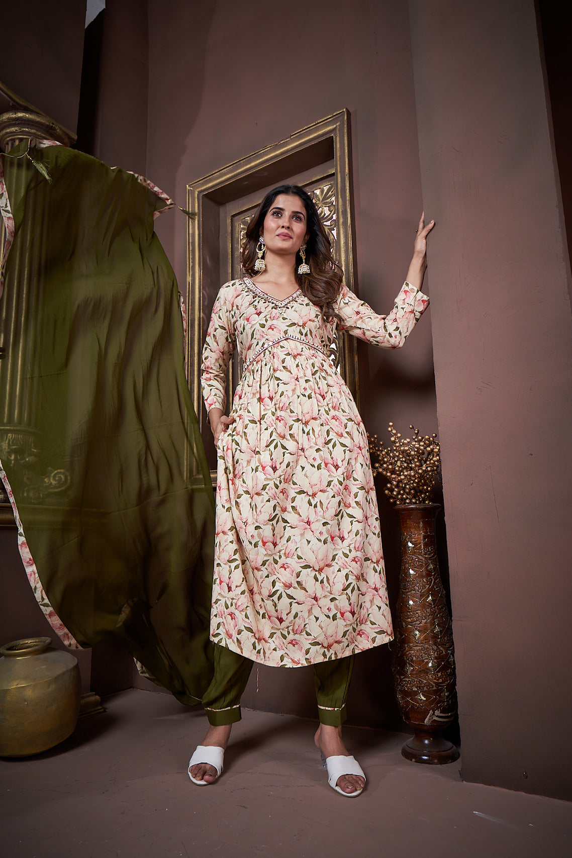 beige & green floral printed rayon alia cut salwar suit