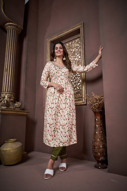 Beige & Green Floral Printed Rayon Alia Cut Salwar Suit