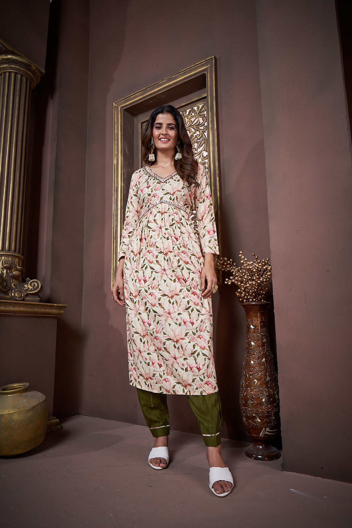 beige & green floral printed rayon alia cut salwar suit