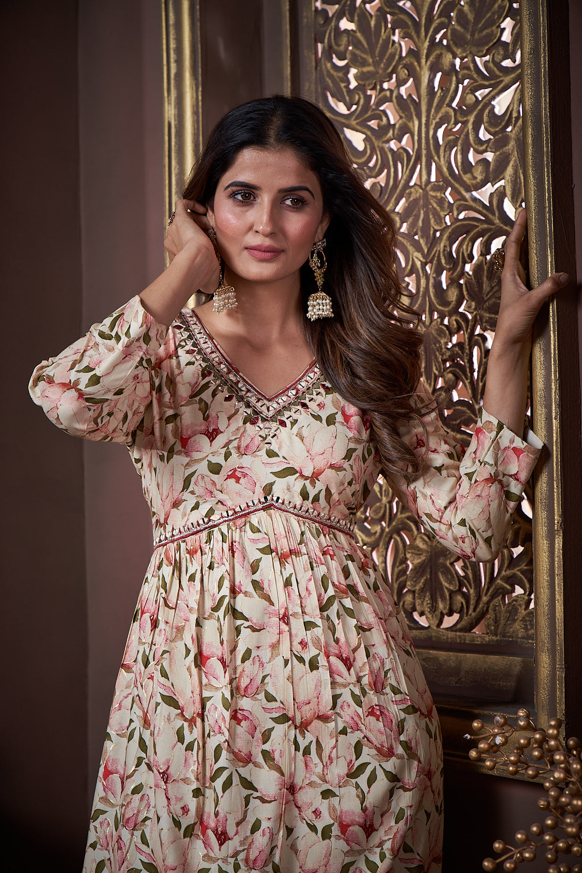 beige & green floral printed rayon alia cut salwar suit