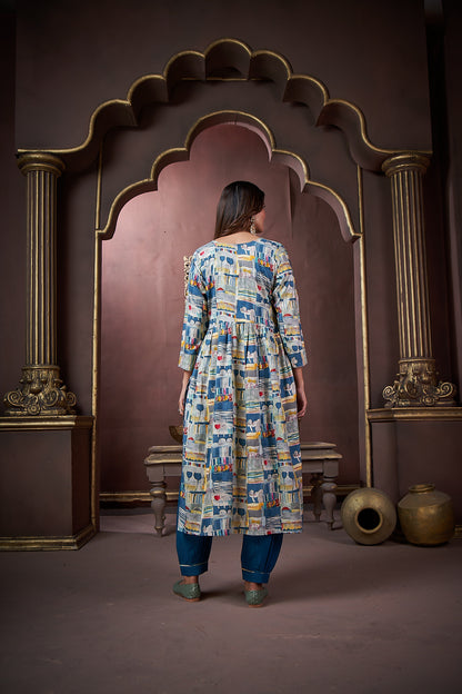 Grey & Morpich Floral Printed Rayon Alia Cut Salwar Suit