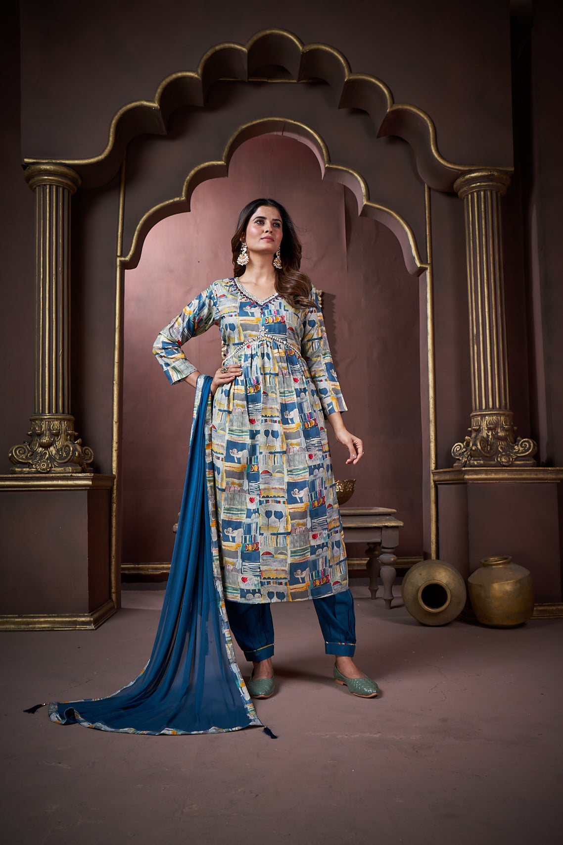 grey & morpich floral printed rayon alia cut salwar suit