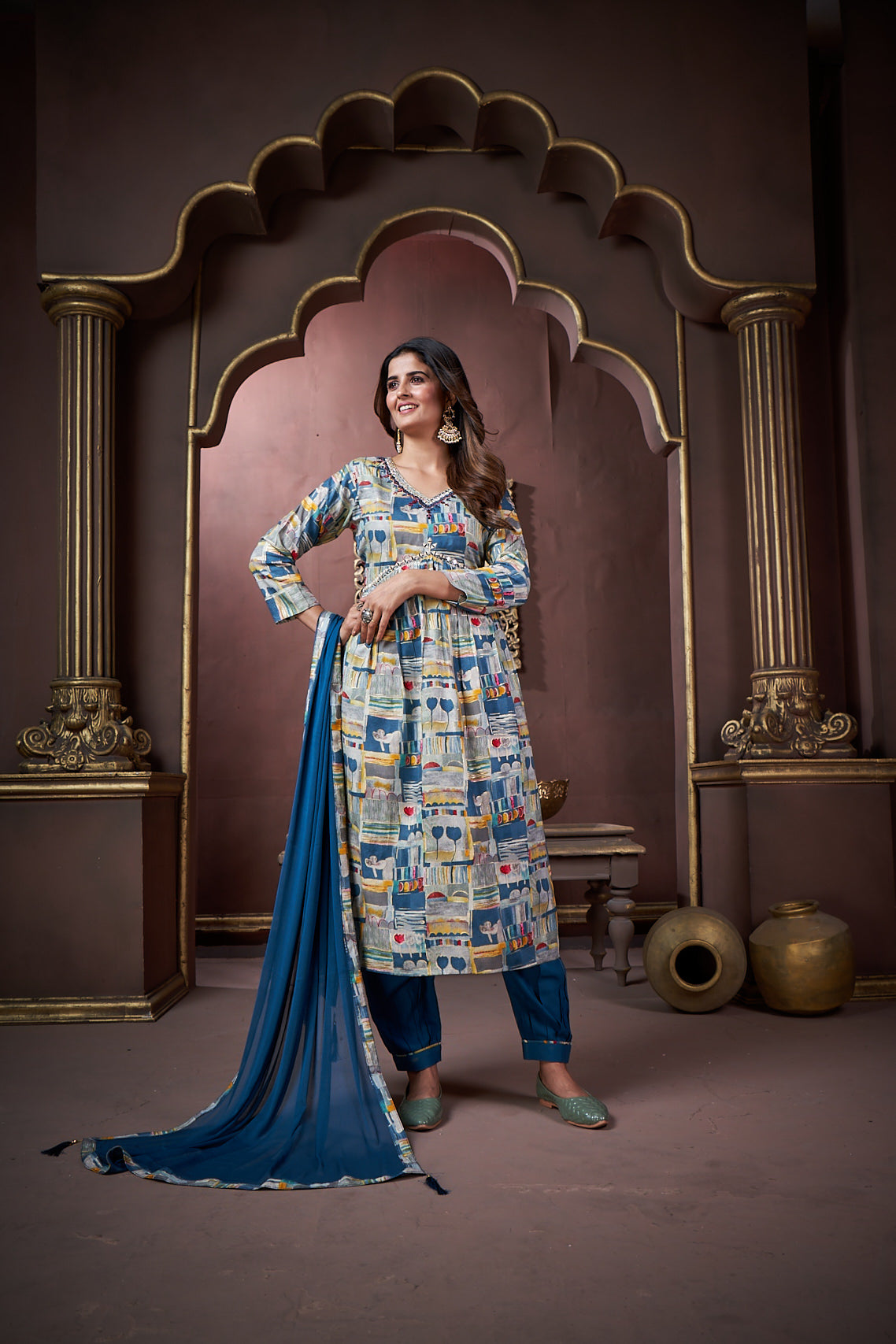 grey & morpich floral printed rayon alia cut salwar suit
