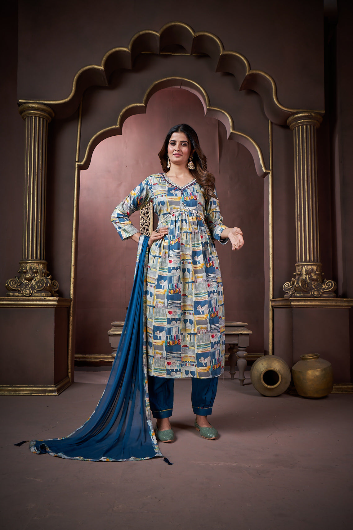 grey & morpich floral printed rayon alia cut salwar suit