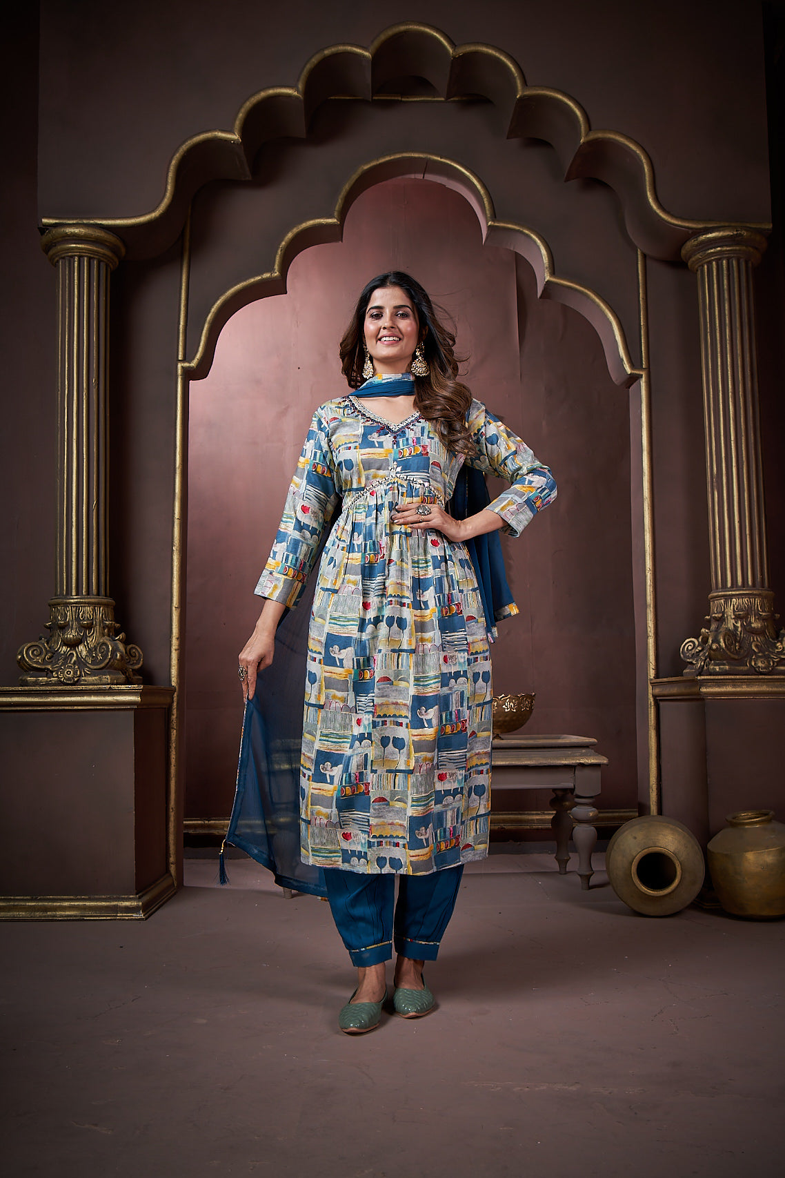 grey & morpich floral printed rayon alia cut salwar suit
