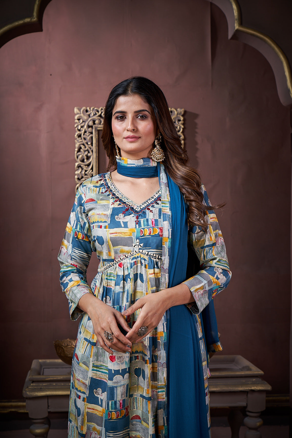 grey & morpich floral printed rayon alia cut salwar suit