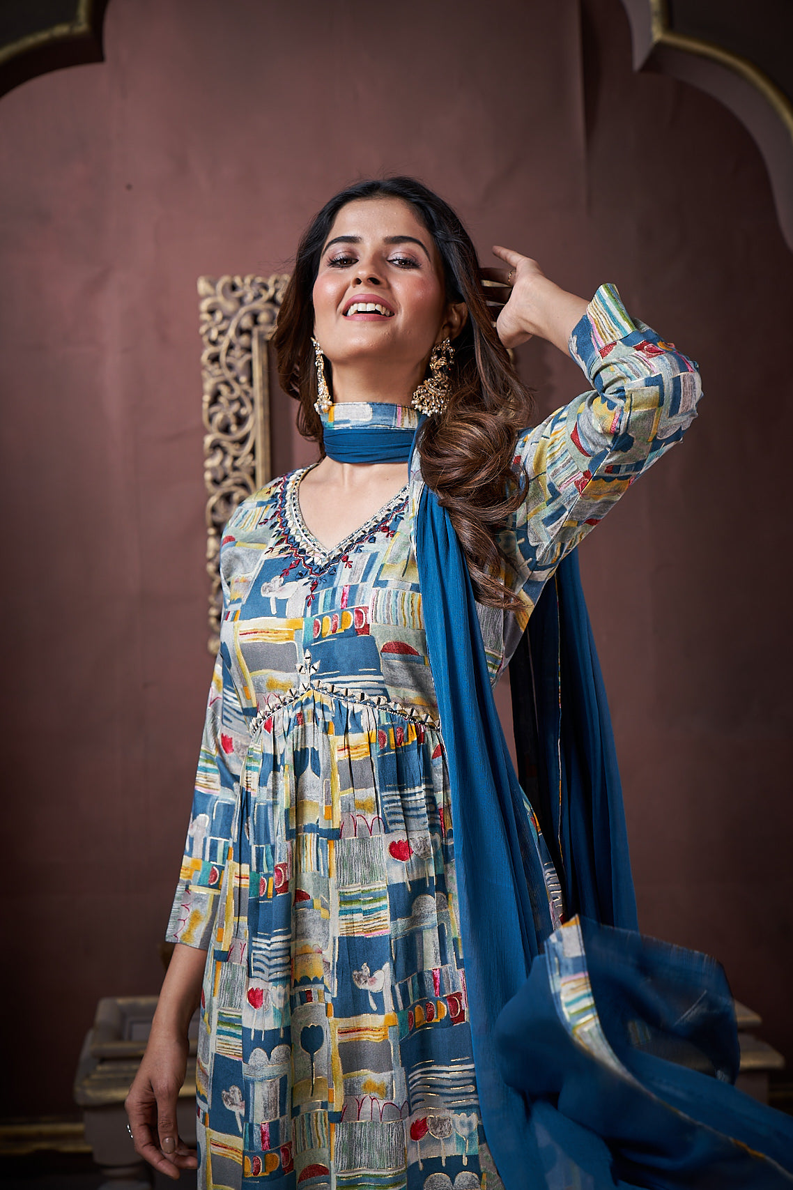 grey & morpich floral printed rayon alia cut salwar suit