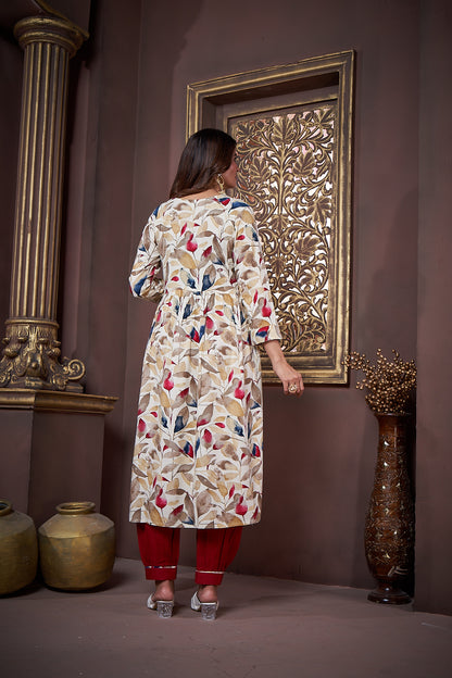 Beige & Maroon Floral Printed Rayon Alia Cut Salwar Suit