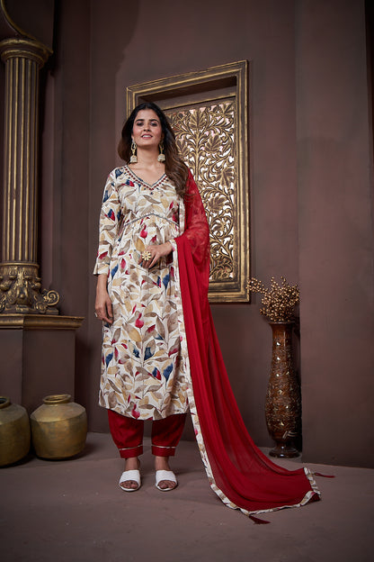 Beige & Maroon Floral Printed Rayon Alia Cut Salwar Suit
