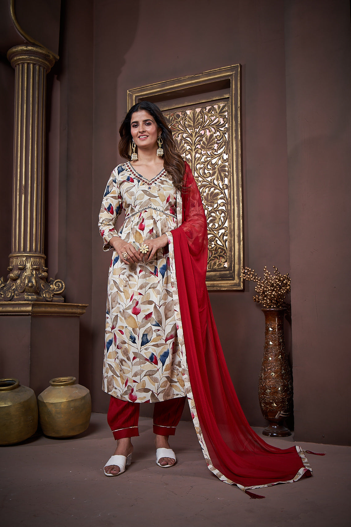 beige & maroon floral printed rayon alia cut salwar suit