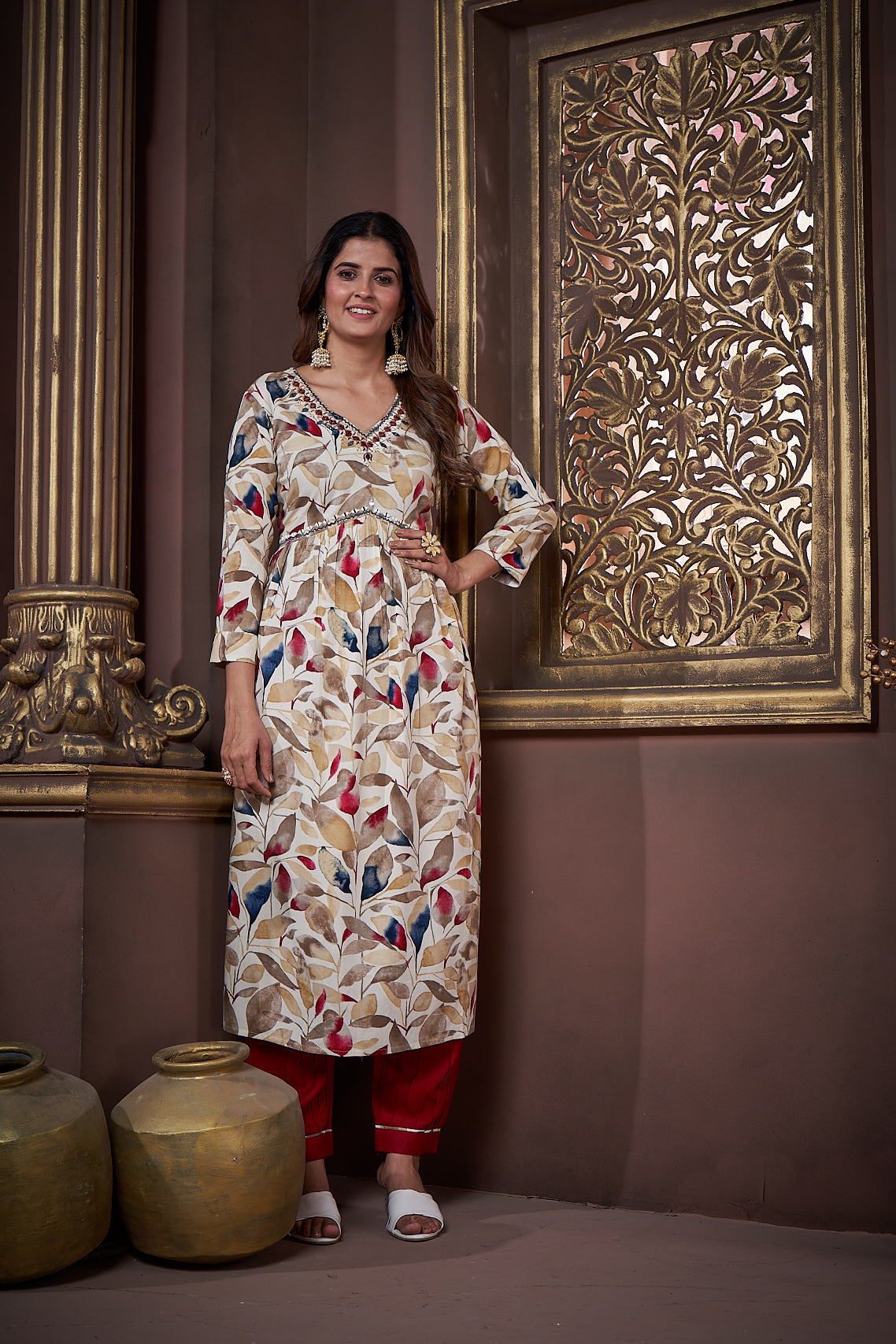 beige & maroon floral printed rayon alia cut salwar suit