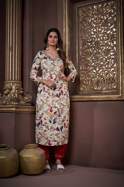 Beige & Maroon Floral Printed Rayon Alia Cut Salwar Suit