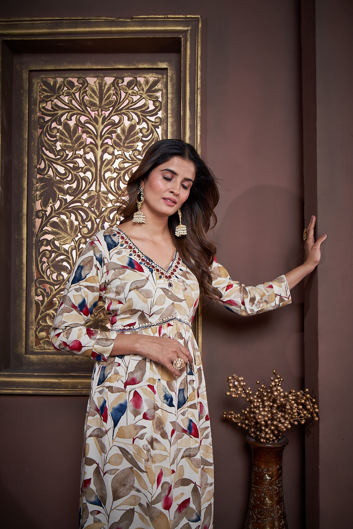 beige & maroon floral printed rayon alia cut salwar suit