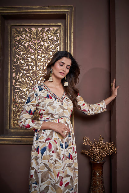 Beige & Maroon Floral Printed Rayon Alia Cut Salwar Suit