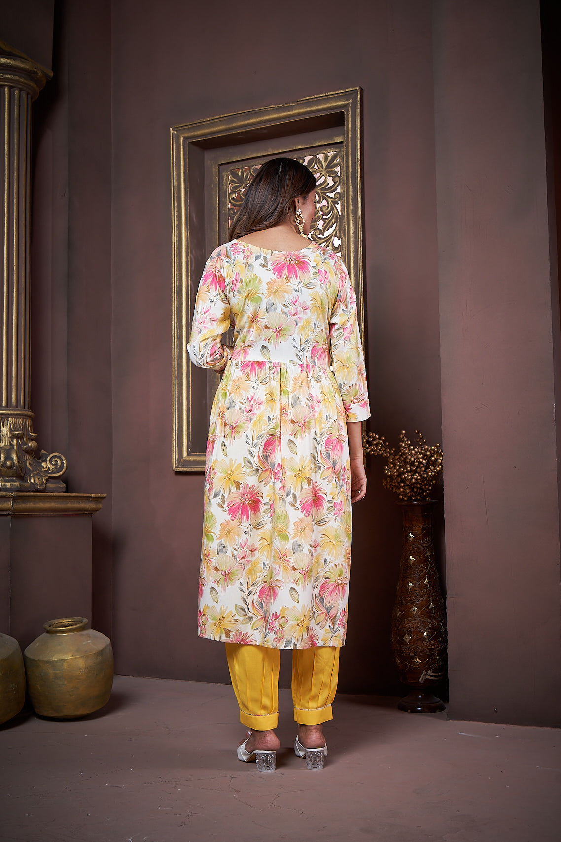 yellow floral printed rayon alia cut salwar suit