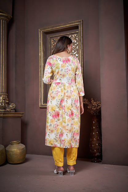 Yellow Floral Printed Rayon Alia Cut Salwar Suit