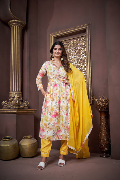 Yellow Floral Printed Rayon Alia Cut Salwar Suit