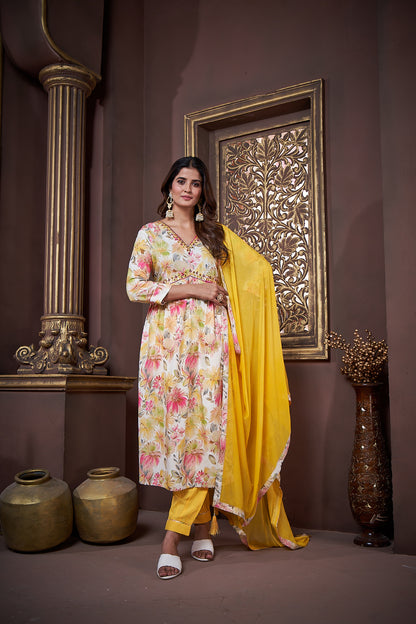 Yellow Floral Printed Rayon Alia Cut Salwar Suit