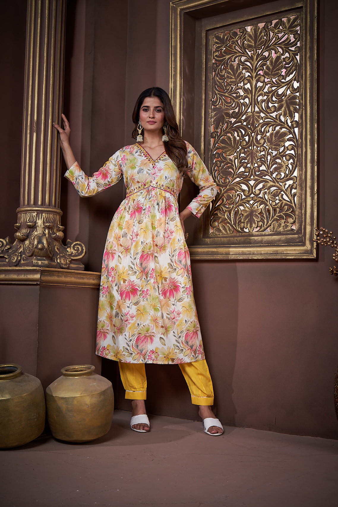 yellow floral printed rayon alia cut salwar suit