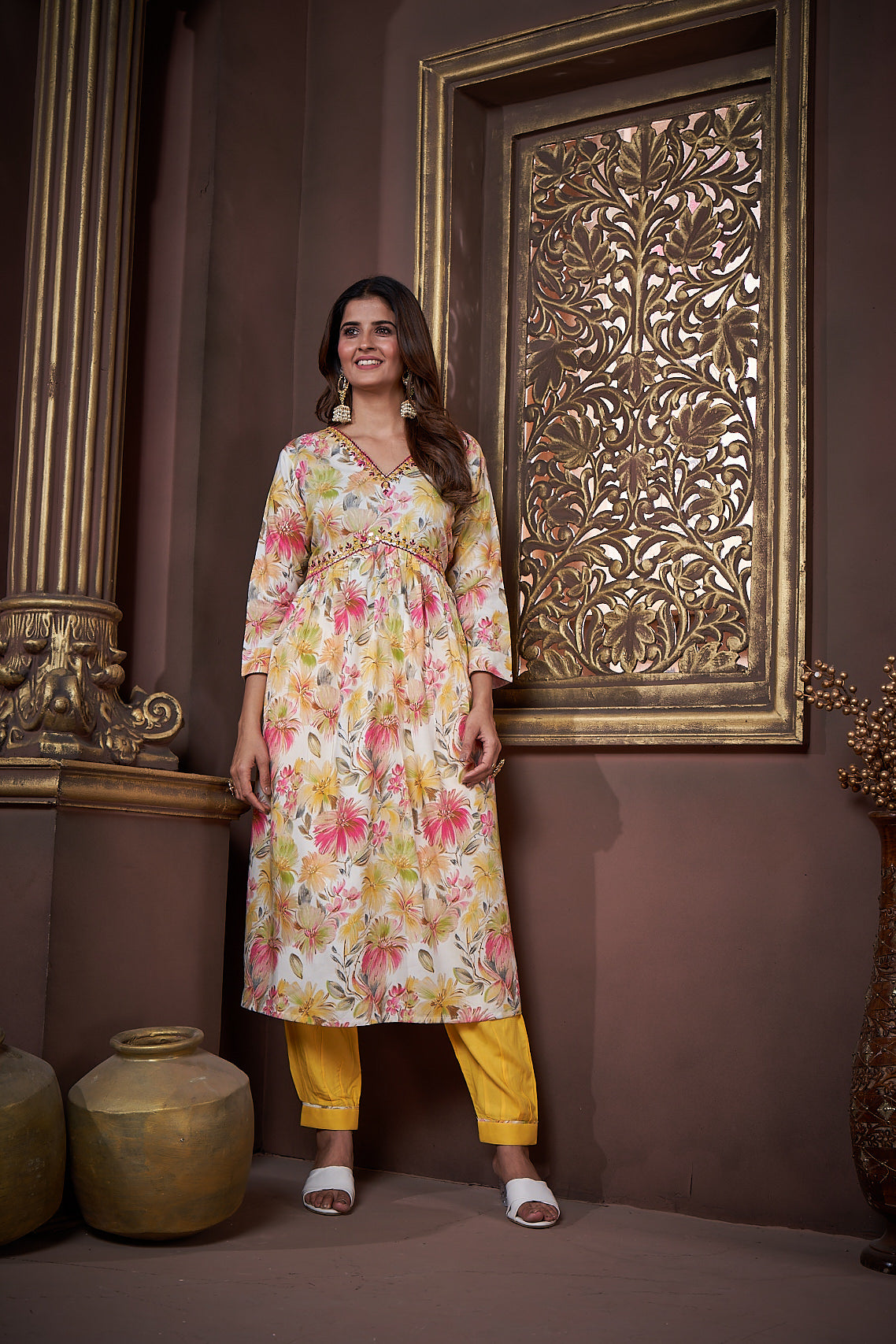 yellow floral printed rayon alia cut salwar suit