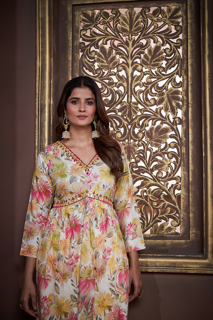 Yellow Floral Printed Rayon Alia Cut Salwar Suit