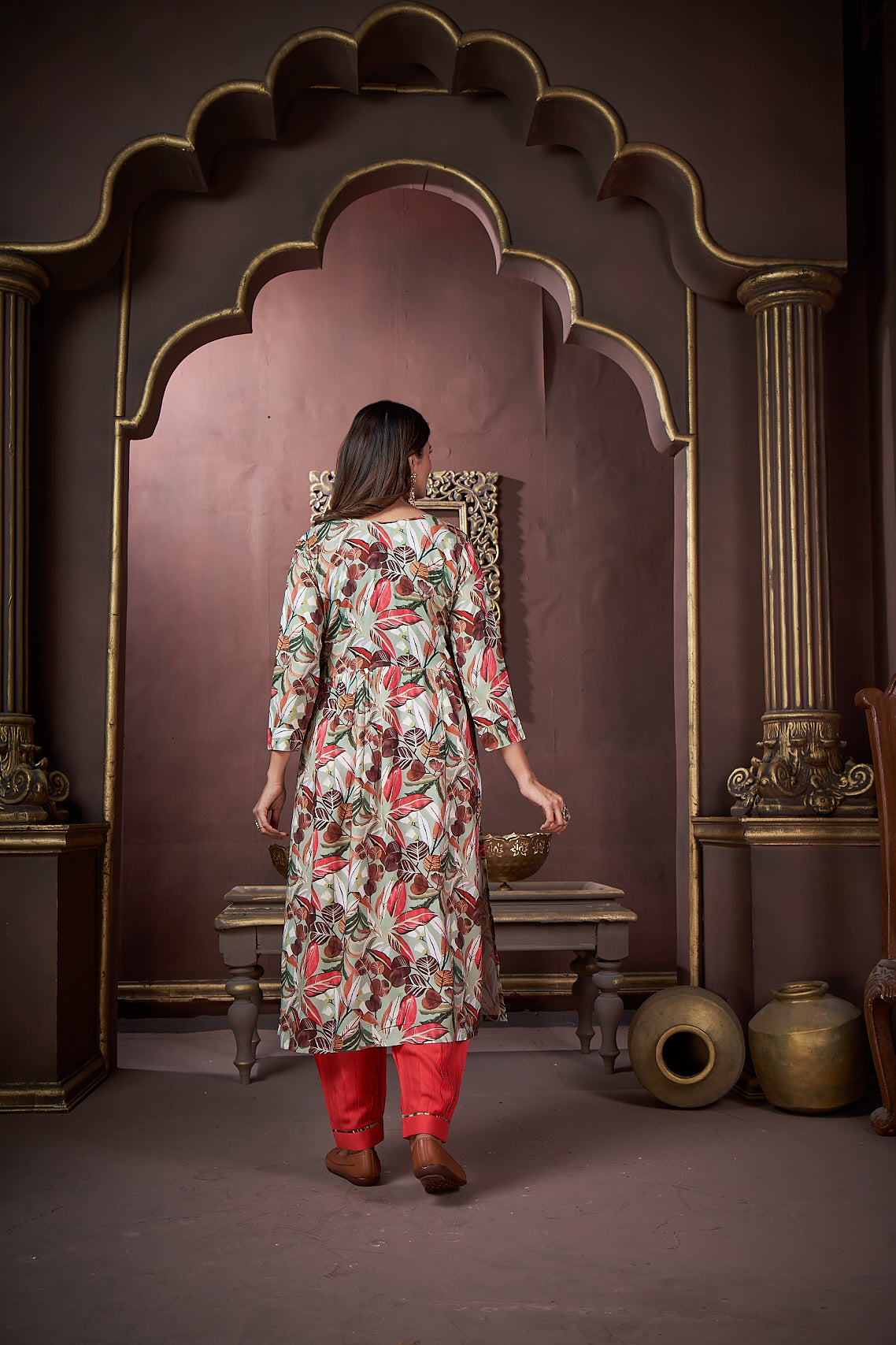 peach floral printed rayon alia cut salwar suit