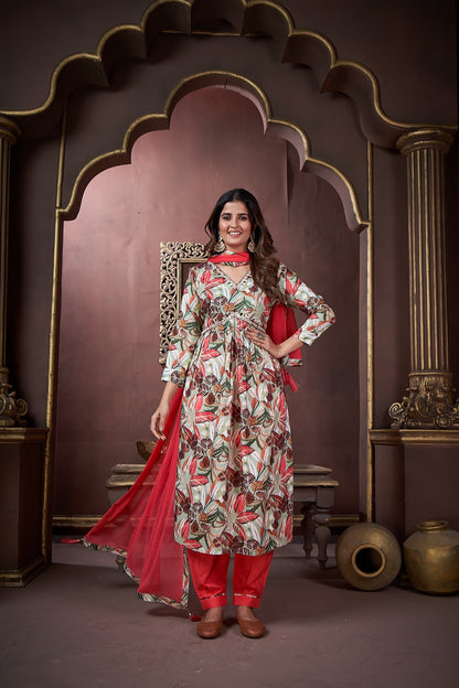 Peach Floral Printed Rayon Alia Cut Salwar Suit