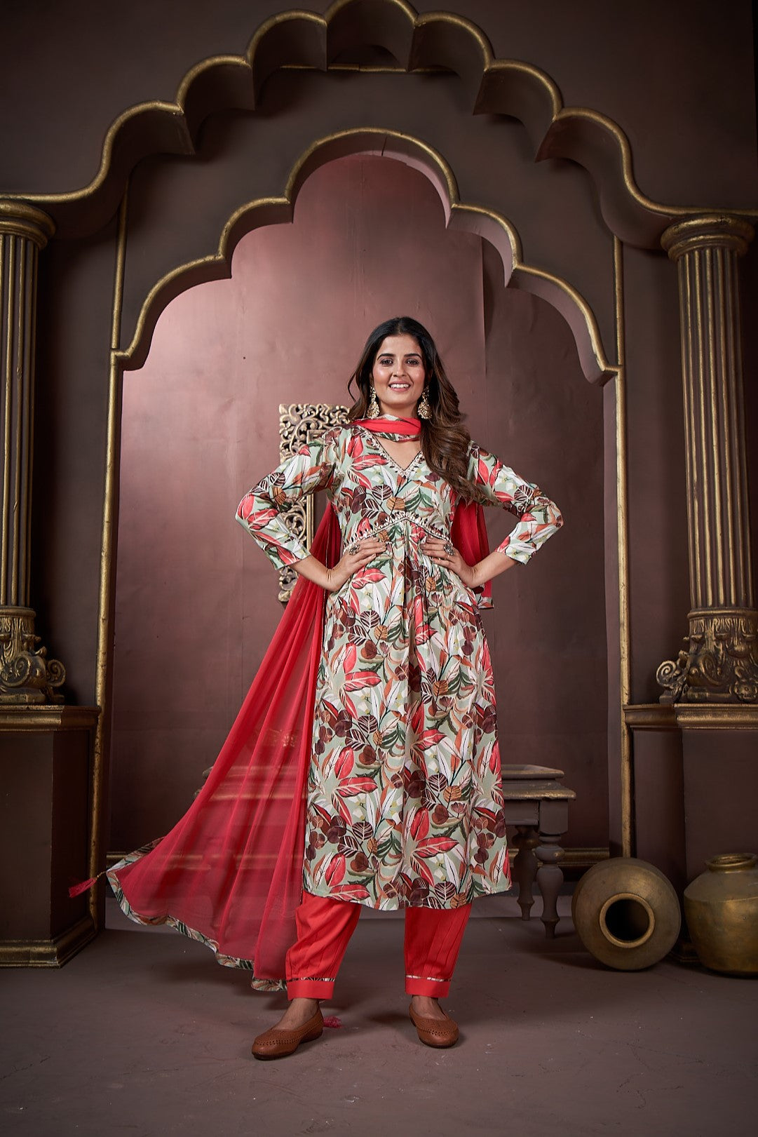 peach floral printed rayon alia cut salwar suit