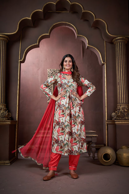 Peach Floral Printed Rayon Alia Cut Salwar Suit
