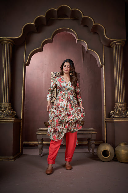 Peach Floral Printed Rayon Alia Cut Salwar Suit