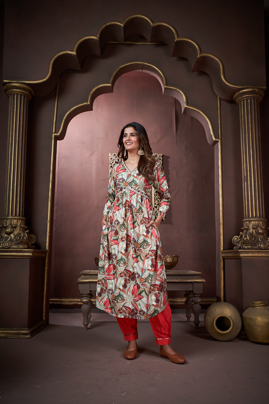 peach floral printed rayon alia cut salwar suit