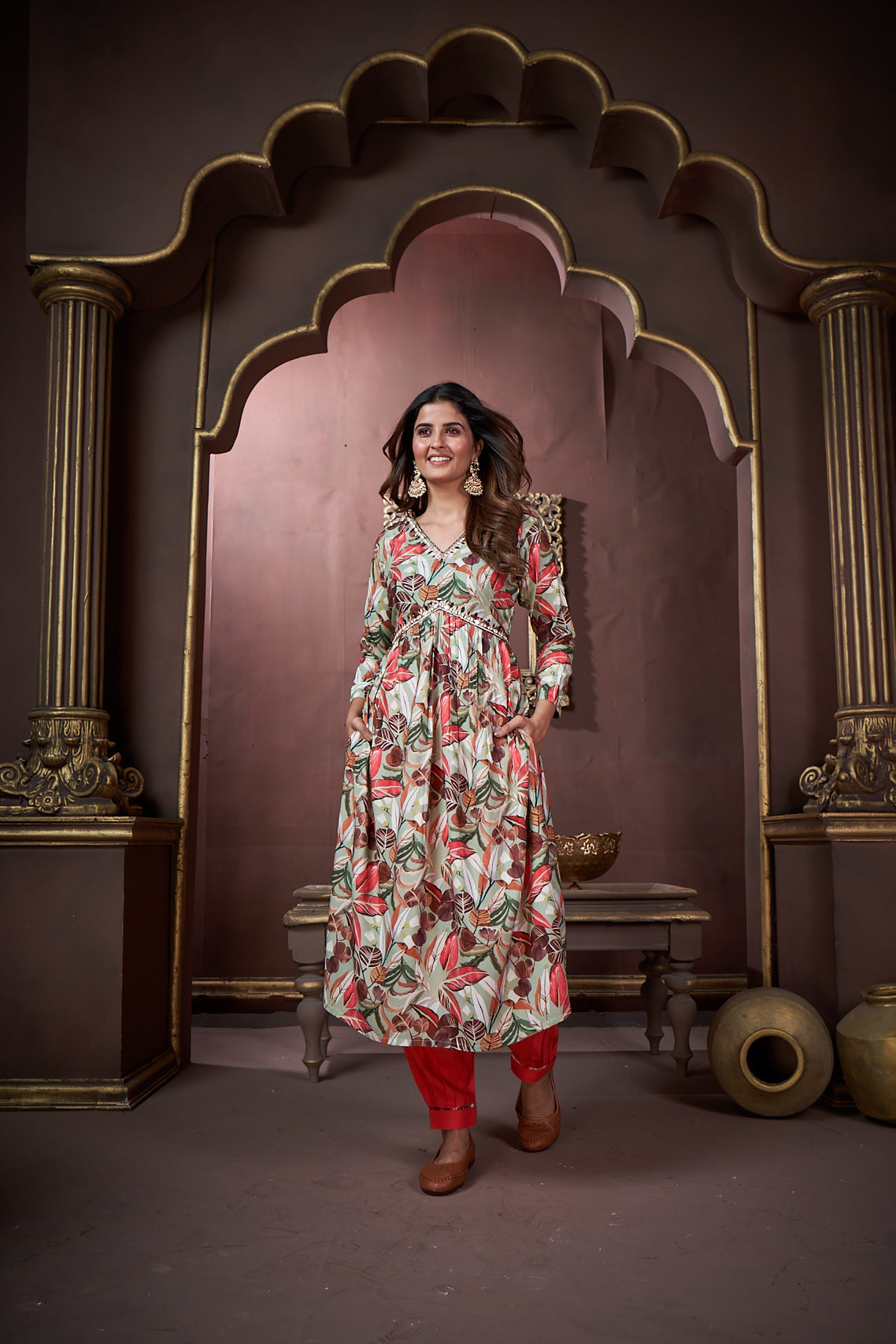 peach floral printed rayon alia cut salwar suit