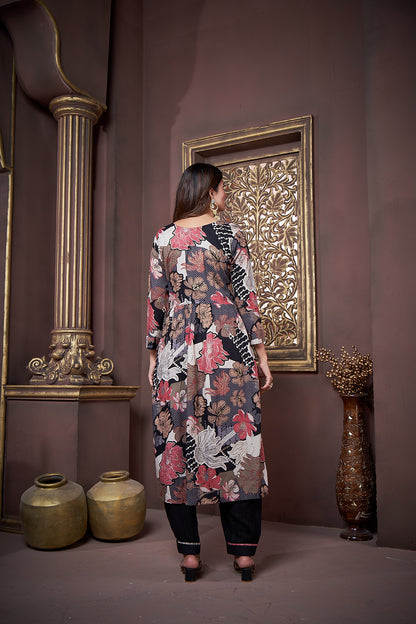 Black Floral Printed Rayon Alia Cut Salwar Suit