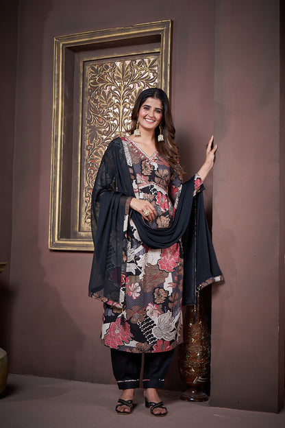 Black Floral Printed Rayon Alia Cut Salwar Suit