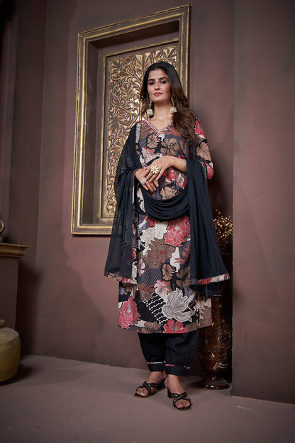 Black Floral Printed Rayon Alia Cut Salwar Suit