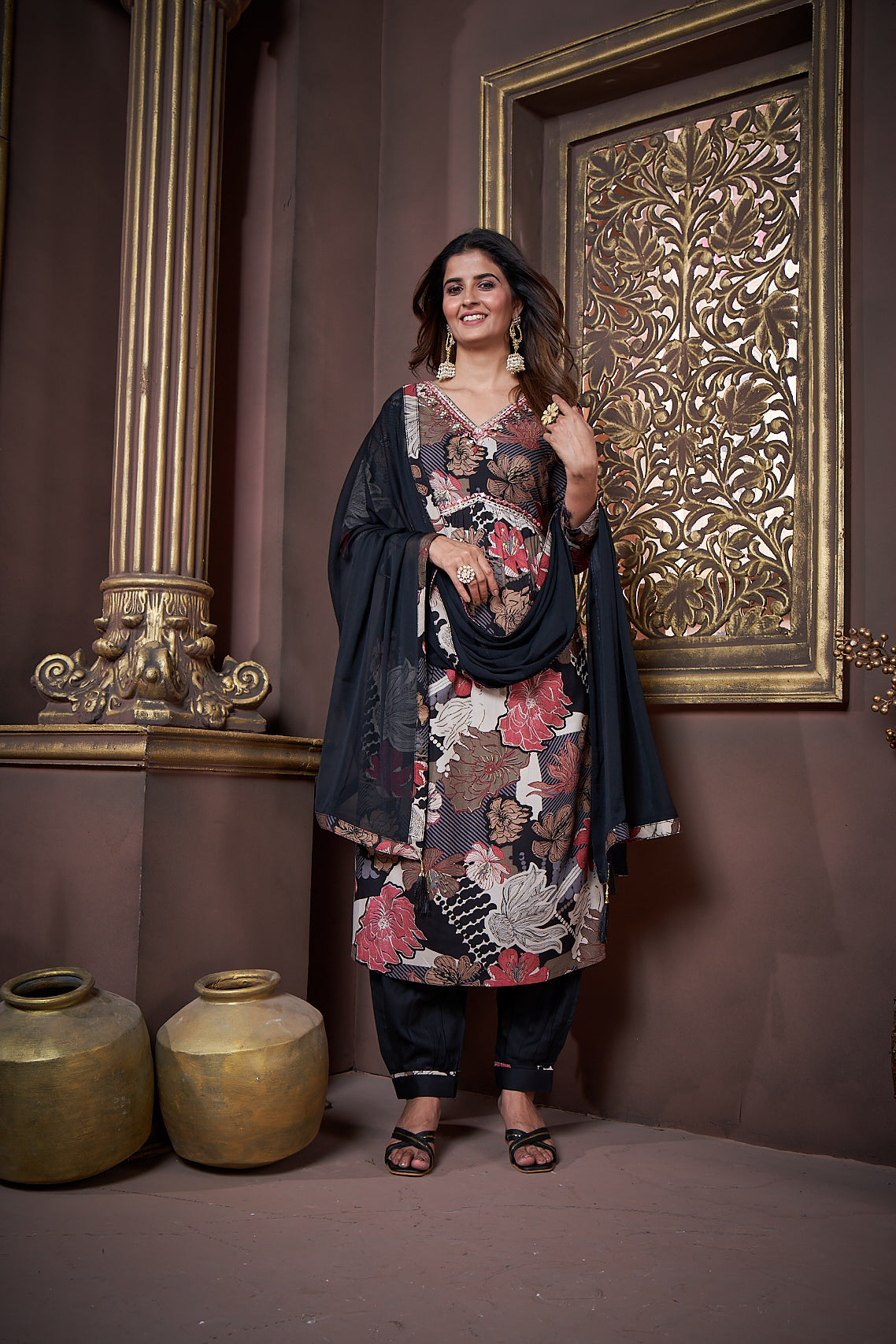 black floral printed rayon alia cut salwar suit