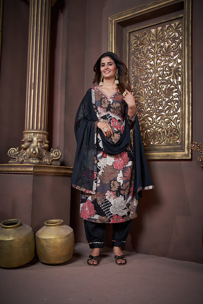 Black Floral Printed Rayon Alia Cut Salwar Suit
