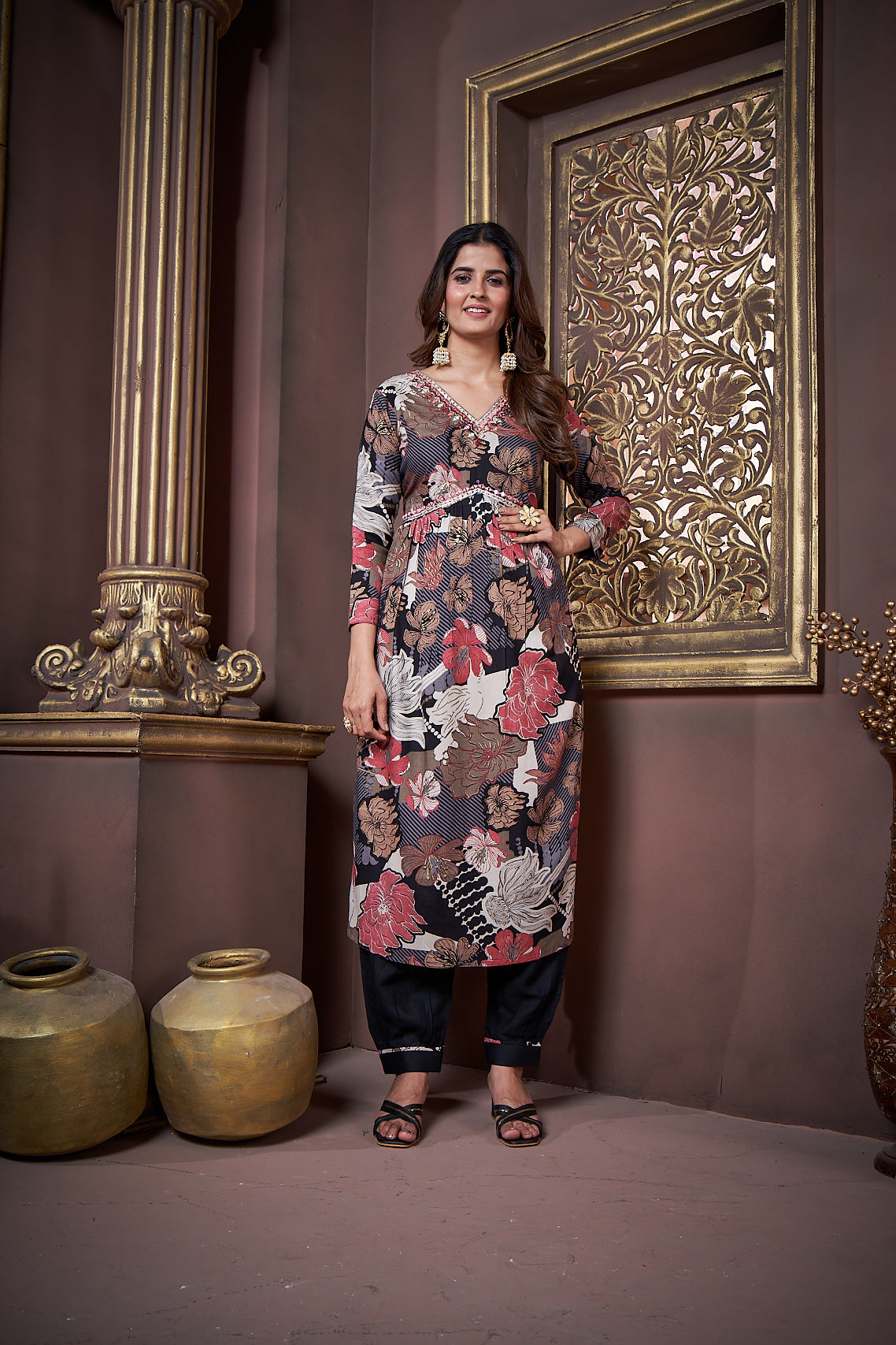 black floral printed rayon alia cut salwar suit