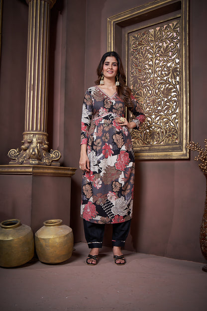 Black Floral Printed Rayon Alia Cut Salwar Suit