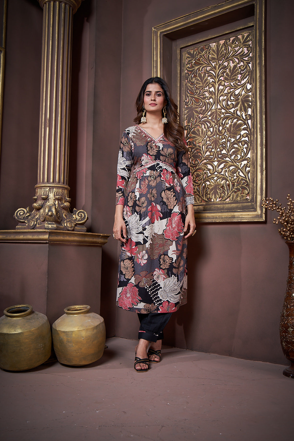 black floral printed rayon alia cut salwar suit