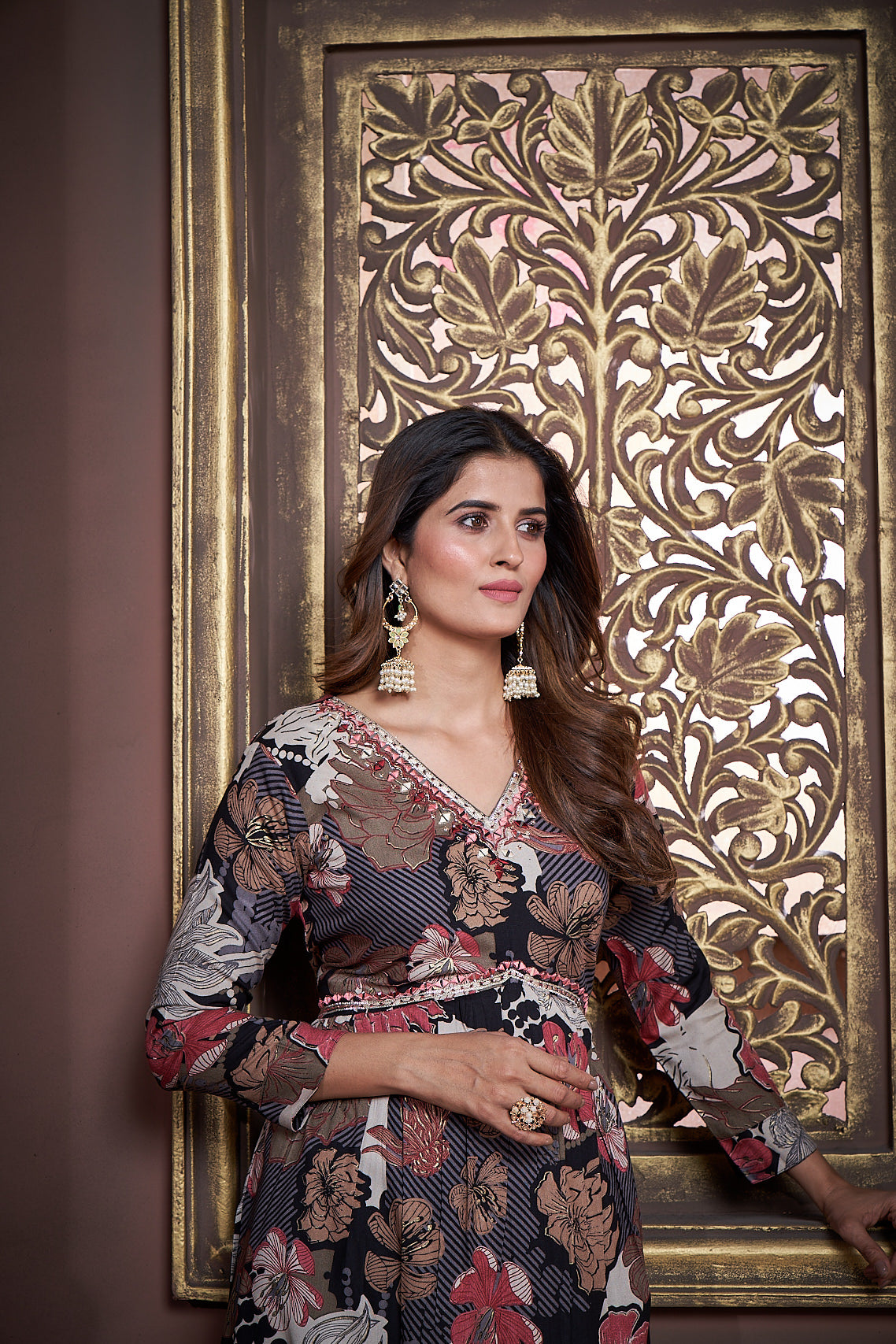 black floral printed rayon alia cut salwar suit