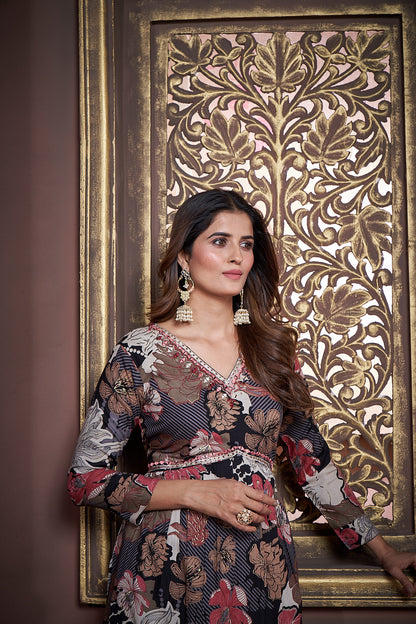 Black Floral Printed Rayon Alia Cut Salwar Suit
