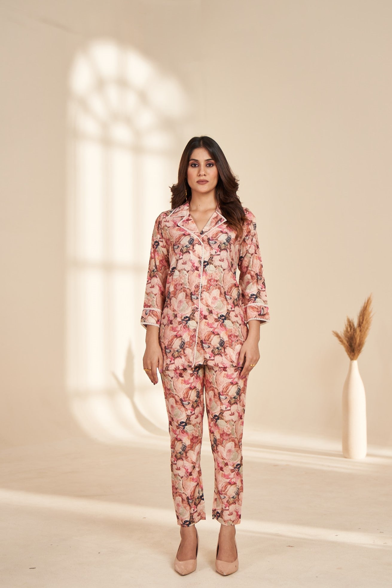 pink foil printed rayon co ord set