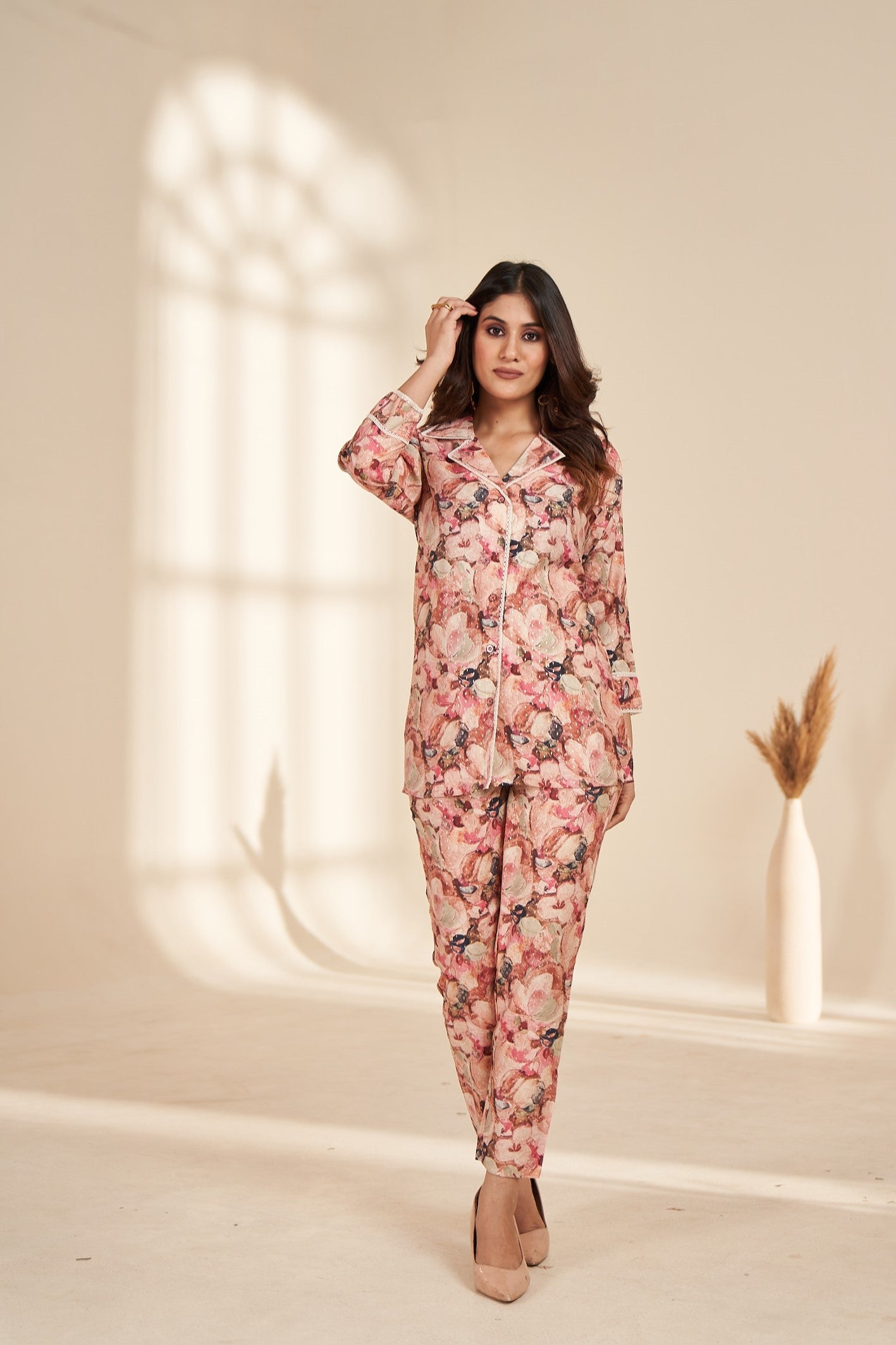 pink foil printed rayon co ord set