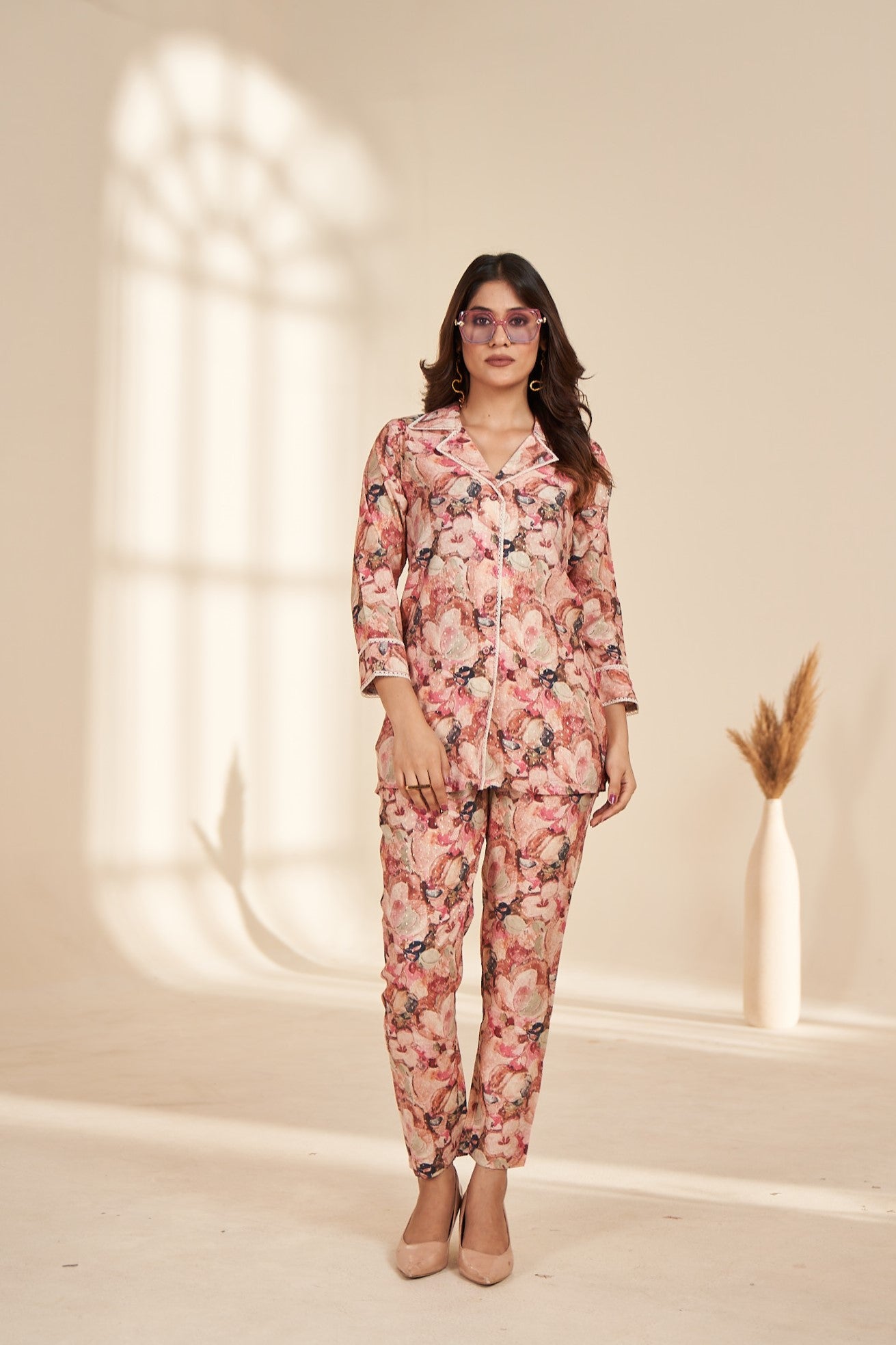 pink foil printed rayon co ord set